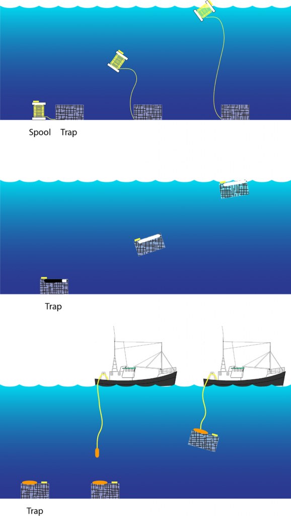 Figure 4. Trap recovery methods, including (top) bottomstowed rope, (middle) variable buoyancy traps, and (bottom) docking system.